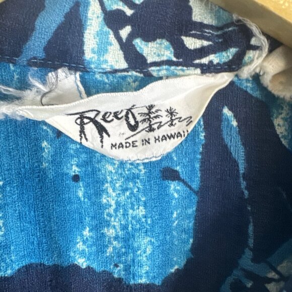 Vintage Reef Hawaiian Barkcloth Shirt Made in Hawaii Men’s S Blue Abstract - Picture 2 of 5